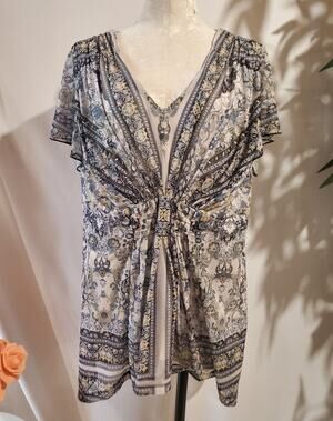 One World Sheer Mesh Overlay Boho Smocked Short Sleeve Top Size 1X Hippie Floral